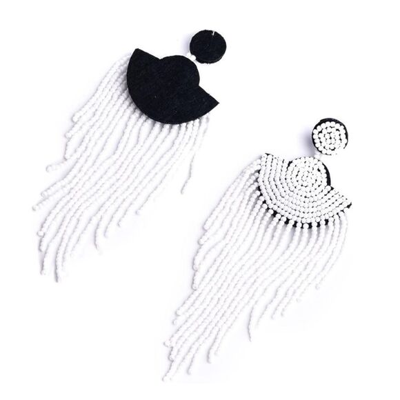 Long Boho White Beaded Tassel Fringe Dangling Drop Fan Chandelier Post Earrings - Picture 2 of 7